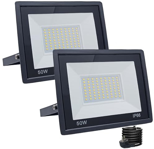 Meision LED Strahler Außen 50W, LED Scheinwerfer mit Stecker, Superhell Aluminium Flutlicht Kaltweiß 6500K IP66 Wasserdicht, LED Außenstrahler mit 3m Kabel für hof, Garage, Garten, 2 Stücke