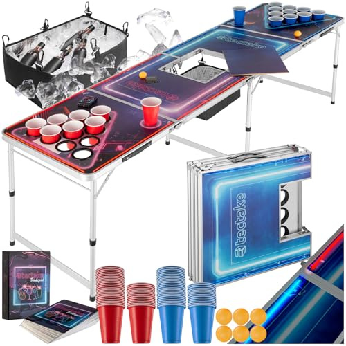 tectake® Table Pliable de Beer Pong Transportable en Aluminium, avec éclairage LED & Compartiment à Glace, Jeux à Boire, 6 Balles Ping Pong & 100 gobelet Plastique reutilisable Inclus, Jeu Apéro