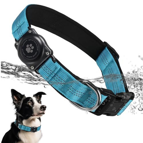 Upgraded AirTag Hundehalsband, IP68 Wasserdicht AirTag Hundehalsband Halter, Reflektierend, Ultra-Durable, Komfortabel Gepolstert, Heavy Duty Hundehalsbänder für Kleine Mittlere Große Hunde[Blau,L]