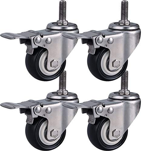 LDTTYRC Radplattenrollen, Hochleistungs-Lenkrollen für Möbel, M8/M10/M12-Gewinde, 15-Zoll-Chassis, Edelstahl 304-Halterung, 300 kg, geräuscharmes PU mit Bremse, drehbar, kleine Rollen für Tisch, Sch