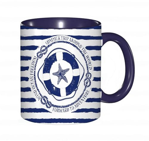 EKLMPS Becher aus Keramik, Ideal als Geschenk, Hochwertiger Aufdruck, Tasse mit Motiv, Tee Becher, Coffee Cup, 330ml,Blau-weißes nautisches Emblem mit Rettungsring und Seestern auf gestreiftem Hinterg