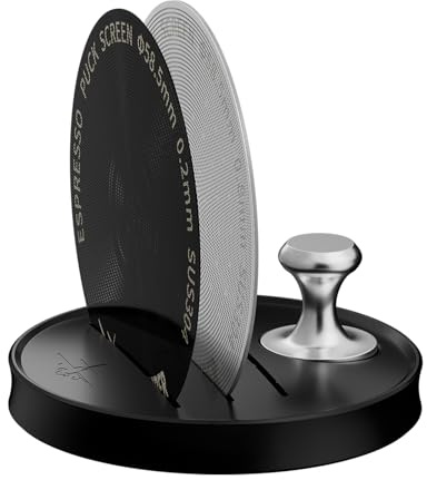 MHW-3BOMBER Puck Screen Matching Set, Espresso Metal Coffee Filter Reusable Espresso Filters, 0.2mm and 0.8mm Thickness with Espresso Puck Screen Stand and Auxiliary Magnetic Suction 58.5mm Set Black