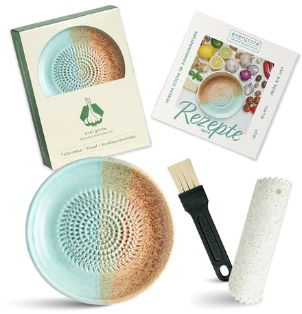 Evergrate® Keramikreibe Beach mit Geschenkbox – mit Reibe, Knoblauchschäler, Rezeptheft & Pinsel – Handgefertigt für Ingwer, Knoblauch & mehr – Spülmaschinenfest & langlebig