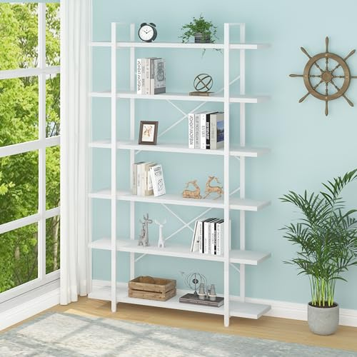 HSH Bücherregal Weiß 6 Ebenen Standregal aus Holz und Metall im Industrie Stil Aufbewahrungsregal für Wohnzimmer Arbeitszimmer Schlafzimmer Regal mit Stahlrahmen 32 x 120 x 215 cm