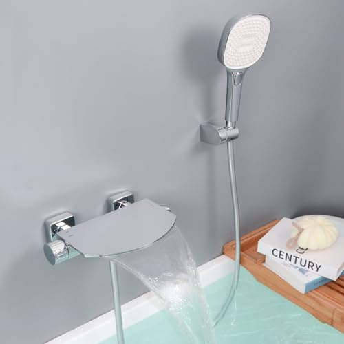 SHANFO Badewannenarmatur mit Handbrause, Wannenarmatur Wasserfall, Armatur Badewanne Set, Mischbatterie Badewanne mit Brause Messing, Chrom, 16Y1OK
