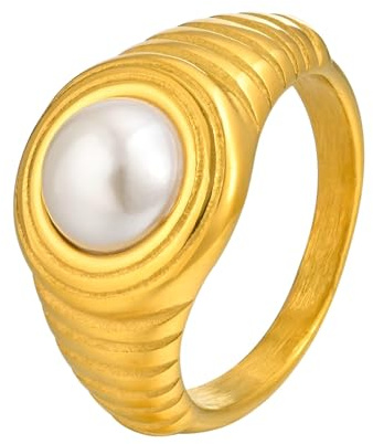 Beydodo Ringe Edelstahl Vergoldet Damen, Frauen Ring Personalisiert mit Perle Siegelring Partnerringe Freundschaftsringe Gold Ringe Nickelfrei