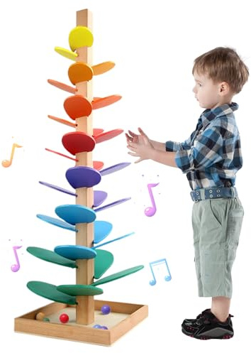 MeYuxg 72 cm Kreatives Klangbaum Kugelbahn aus Holz– Montessori Regenbogen Spielzeug mit 10 Regenbogenbällen und 6 bunten Ebenen – Musikbaum Lernspielzeug für Kinder ab 3 Jahren
