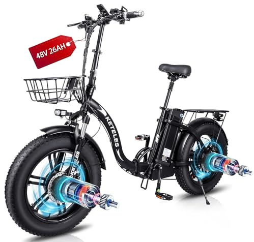 KETELES 20'' Folding Elctric Bike Dual Motor Electric Bike, 48V 26AH Battery, Hydraulic Disc Brakes, Lockable Suspension Fork, 4.0 Fat Tire E-bike, Step-thru E-bike for Men and Women,7-Speed (black)