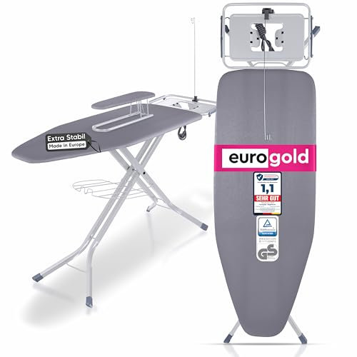EUROGOLD® XXL Bügelbrett 130x48cm [INKL. ABLAGE & ÄRMELBRETT] - Bügelbrett für Dampfbügelstation (Made in Europe) - Bügelbrett mit Steckdose - Bügeltisch Ironing Board - Stabil & (GRAU)