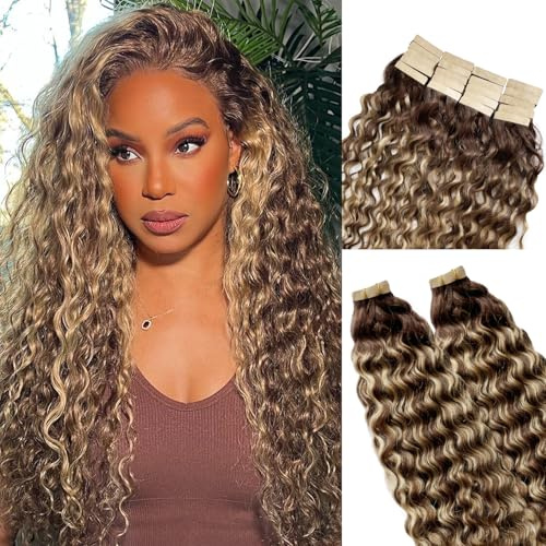 Ombre Tape in Hair Extensions Human Hair for Black Women, 20pcs 50g 18inch Balayage Chocolate Brown to Honey Blonde Remy Hair Extensions Full Head Water Wave Human Hair Tape ins Extension Skin Weft