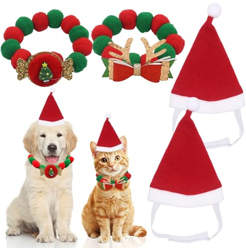 4 Stück Hunde Weihnachtskostüm, Weihnachtsmütze Hund Katzen, Halsband Katze, Hundekostüm Weihnachten, Katzenkostüm, Hundemütze, Weihnachtshalsband Hund,Katzenmütze für Klein und Mittelgroß Hund Katzen
