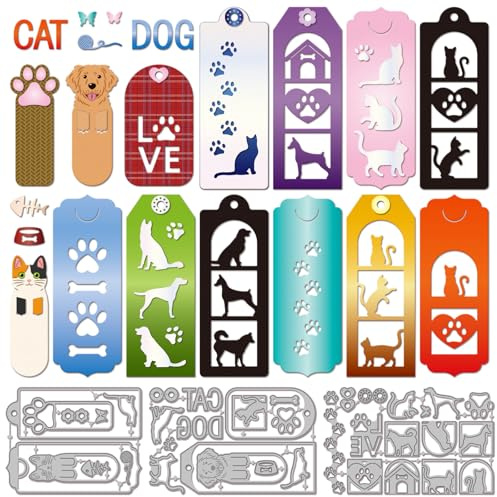 GLOBLELAND Katzen und Hunde Buchmärkchen Schneidmatrizen für DIY Scrapbooking Metall Label Lochverstärkung Schneidmatrizen für Kartenherstellung Prägen Fotoalbum Handwerk Dekoration