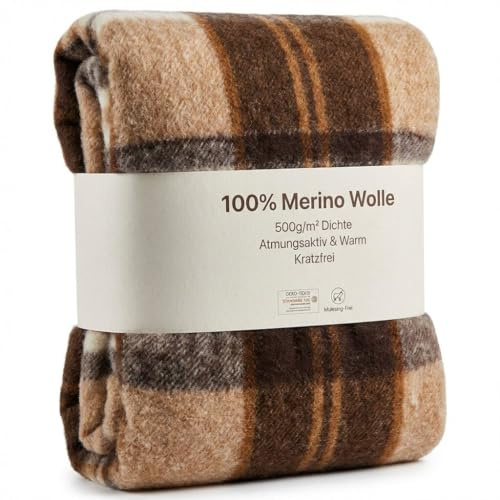 Wool & Home Merino Wolldecke 220x200 cm – Kuscheldecke aus 100% Merinowolle, Muster Karo – Gewicht 500 g/m² – Atmungsaktiv und Langlebig