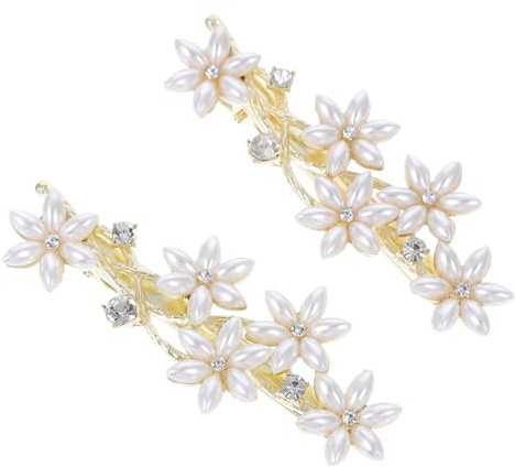 2 Pasadores de Flores con Perlas y Brillantes, Tocado de Novia Dorado | Aleación de Zinc, 2 Piezas, Detalle Floral Delicado para Vestido Nupcial, Adorno Elegante Perla Artificial