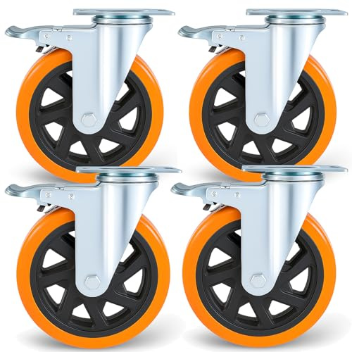 RRIUTO Heavy Duty 150MM Caster Wheels with Brake, Set of 4 Furniture Casters Polyurethane Castors Load Capacity 1000kg, Double Bearing Swivel Castors for Furniture, Swivel Trolley Wheels 360° Rotation