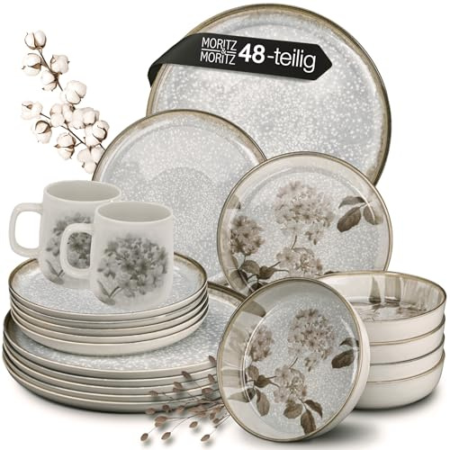 Moritz & Moritz Geschirrset 12 Personen 48-tlg. - Modernes Tafelservice mit verspieltem Design - Pflegeleichtes Kaffeeservice mit Teller Set, Schüsseln & Tassen - Kombiservice - Serie Blossom