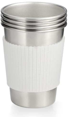 Leegg 4er Set Edelstahl Becher 0,35L Trinkbecher für Bier Party Camping Mehrweg Becher mit Silikon Cup Sleeves Ohne Henkel (Silber weiß)