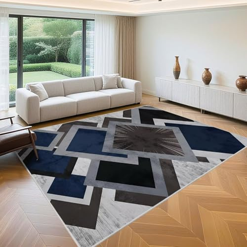 QGYFRE Schallschutz Teppich Mädchen Kinderzimmer 80x120cm Blau Graue Retro geometrische Muster für Wohnzimmer Büro küche Dekoration
