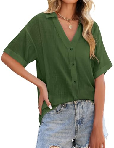 PASUDA Blusas Mujer Verano Camisa de Lino Elegantes Manga Corta Cuello en V Camisas Casual Suelta Blusa con Botones Camiseta Basicas Shirts Tops(Verde,XL)