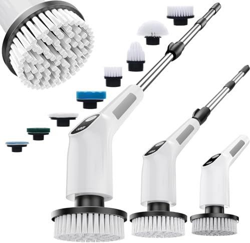 JDXWAI Electric Cleaning Brush, Cordless Waterproof Electric Spin Scrubber with 8 Replaceable Brush Heads & Extendable Long Handle, 380/450RPM Electric Scrubber for Bathroom, Kitchen, Floor, Tile, Car