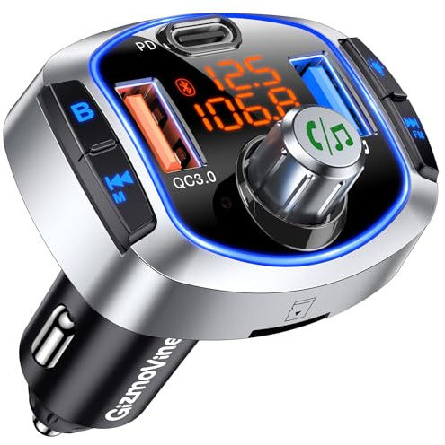 GizmoVine FM Transmitter for Car with 81W Fast Charge (PD 45W & QC3.0 36W), Bluetooth 5.4 Wireless Radio Adapter, Hands-Free Calling, Siri/Google Assistant, Bass Boost & LED Backlit