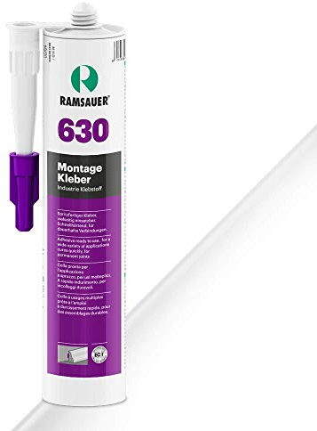 RAMSAUER 630 Montage Kleber (Weiß) - 450g Kartusche, Sockelleisten, Holz-Wandpaneele, Stuck-& Deckenleisten, Gipsstuck, Spanplatten verkleben, nagel- & schraubenlose Befestigung