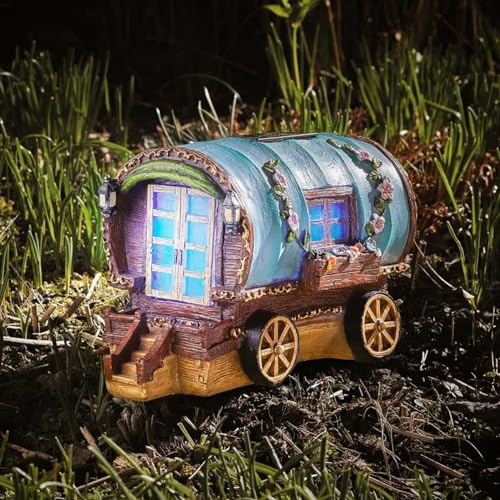 Garden Mile Solar Gypsy Caravan Garden Ornament with Colour-Changing LED Lights, Weatherproof Resin Fairy House, Solar Powered Light up Decoration for Fairy Gardens, Patios & Flower Beds