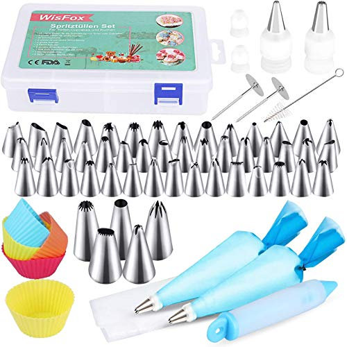 WisFox Spritztüllen, 85-teiliges Kuchendekorations-Set, inklusive 50 Spritztüllen, 22 Spritzbeutel, 5 Cupcake-Formen, 4 Mundadapter, 2 Blumennägel, 1 Seidenblumenstift, 1 Pinsel