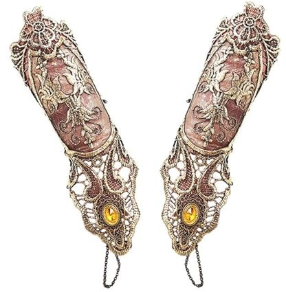 Juland dam steampunk kostym långa handskar fingerlösa spetshandskar gotisk blomma spets armband ring vintage pärlor handgjorda snörskor brud armband ring set – 1 par – brons, M, pärlor