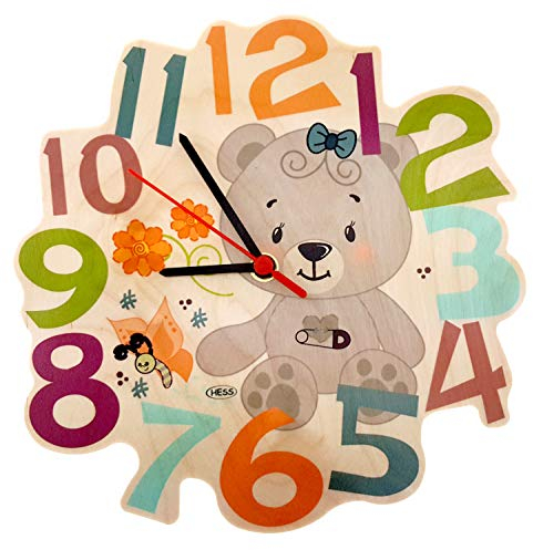 Hess Holzspielzeug 30012 - Orologio da parete in legno per bambini, serie Orso nature, con movimento al quarzo, realizzato a mano, diametro circa 24 cm, indicatore di tempo colorato per la cameretta