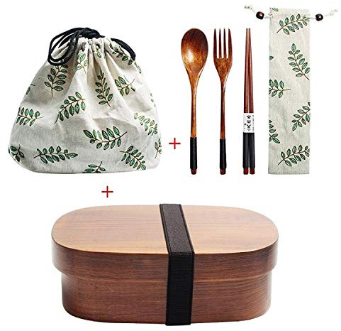 Wooden Lunch Box Japanese Bento Box Dinnerware Set with Bag & Spoon Fork Chopsticks Picnic Box for Students (JP7)