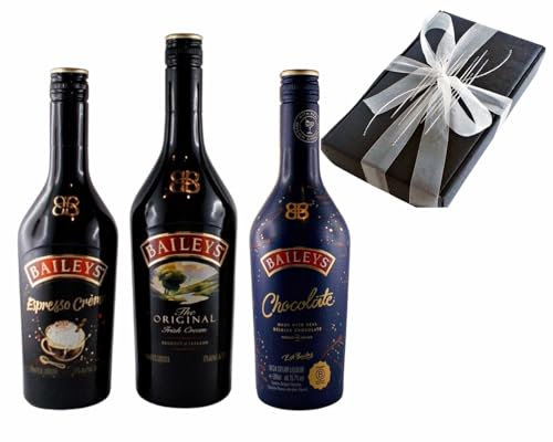 Geschenk 3 Flaschen Baileys Likör: Chocolate, Original, Espresso in Geschenkverpackung mit Schleife