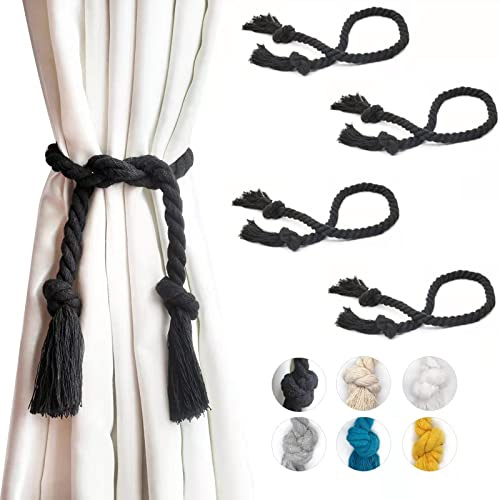 Yteseery 4 Pack Curtain Ties, Outdoor Curtain Tiebacks Rope for Patio Gazebo Pergola Cabana, Natural Cotton Curtain Holders, Village Rural Rustic Farmhouse Curtain Holdbacks for Drapery, Black