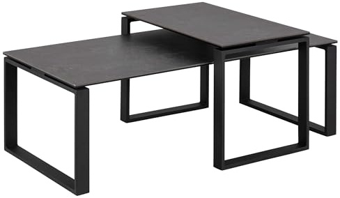 AC Design Furniture Jannis Tischset in Schwarz mit Keramik-Tischplatte und Schwarzen Metall-Kufen, 2-teiliger Beistelltisch, Rechteckig, Modernes Design, B: 115/69 x H: 45/37,5 x T: 55/40 cm