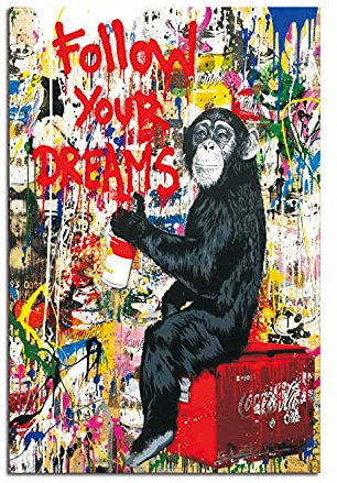 Banksy Bilder auf Leinwand Follow Your Dreams Graffiti Street Art Wand Bild Pop Art Gemälde Kunstdruck Modern Wandbilder XXL Wanddekoration (Mit Rahmen, 70x50cm)