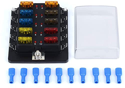 DC 12 ~ 32 V platt säkringsbox hållare säkringsblock med LED-varningsljusskydd för bil-bil-båt-marin trike med detaljerad bruksanvisning (10-vägs + säkring + klämmor)