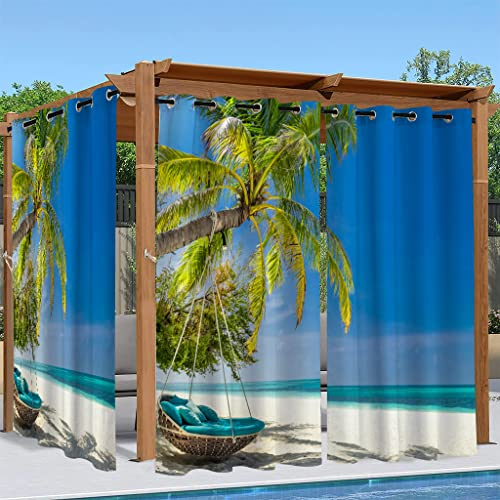 Syhi Qlty Outdoor Vorhang Wetterfest Outdoor Vorhänge Wasserdicht mit Ösen Balkon Sichtschutz Gardinen Verdunklungsvorhänge für Pavillon Pergola, 1 Stück 132 x 213, 3D Meer Strand