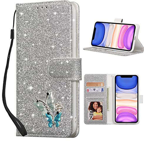 UEEBAI Klapphülle für iPhone 11 6.1 inch, PU Lederhülle Glitzer 3D Schmetterling Flip Cover Standfunktion mit Kartenfach Schutzhülle Diamant Glänzende Geldbörse Handschlaufe Etui - Silber