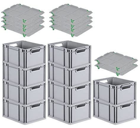 PROREGAL SuperSparSet 10x Eurobox NextGen Economy mit Auflagedeckel und 4x Schiebeschnappverschlüsse Grün, Griffe offen, HxBxT 22x30x40cm, 20L, Eurobehälter, Transportbox, Transportbehälter
