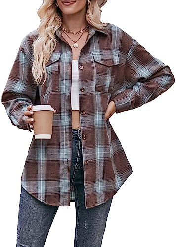 Bozanly Chemise en flanelle à carreaux surdimensionnée à manches longues boutonnée pour femme