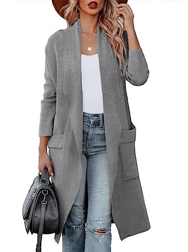 Maavoki Cardigan da Donna, a Maniche Lunghe, Aperto sul Davanti con Tasca, Casual, Lungo, Tinta Unita, Grigio Scuro, M