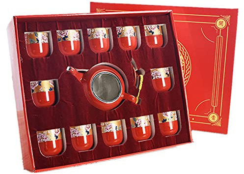 HWSY Servizio da tè Cinese Giapponese per Adulti Servizio da tè in Porcellana Set da tè Kung Fu Rosso Teiera con 12 Tazze da tè e Vassoio da tè Teiere Regalo di Nozze Cinesi Interesting