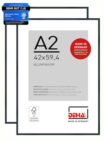 DEHA Design Aluminium Bilderrahmen Tribeca, 42x59,4 cm A2 2er Set, Schwarz | Aluminium Posterrahmen im Hoch- & Querformat zum Aufhängen Schwarz gebürstet bruchsicheres Kunstglas
