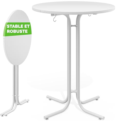 CASARIA Mesa Alta Bar Redonda Plegable 110cm Metal Blanca