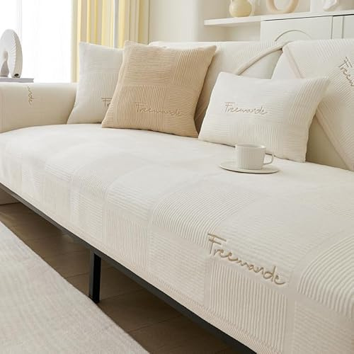 GKXLH Weiche Milch Fleece rutschfest Sofa überzug 2 3 4 Sitzer (Beige Weiß) | Couch überzug Waschbar, Sofa Cover für Sektionssofa, Hund Sofabezug, Sofa überzug L Form, Ledersofaschoner für das Wohnzimmer