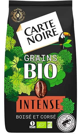 CARTE NOIRE - Café Grain Bio Intense - Intensité 9 - Paquet de 1 kg | Arabica & Robusta D'Afrique - Boisé & Corsé - Torréfaction Brune - Certifié Rainforest Alliance