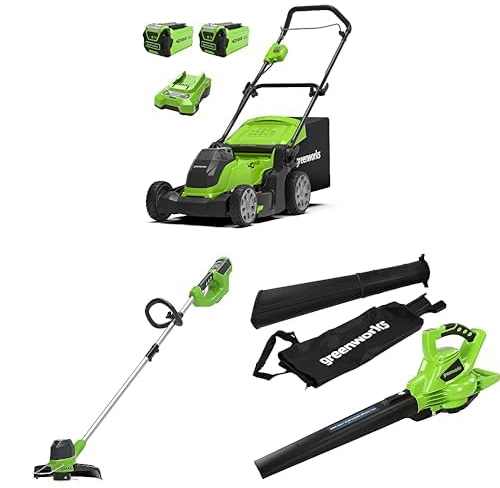 Greenworks 40V Kabelloser Akku Rasenmäher 41 cm Schnittbreite mit 2x 2Ah-Akkus und Ladegerät G40LM41K2X Boni 40V Rasentrimmer, Rasentrimmer Nur Werkzeug G40LT& 40V Laubsauger / Laubbläser GD40BV