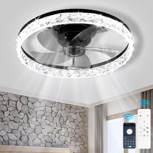 Fintonglan Ventilador de techo LED regulable con luz, 50 cm sin aspas negro, 6 velocidades, motor reversible silencioso, mando y APP, lámpara de techo de perfil bajo para dormitorio, salón y comedor