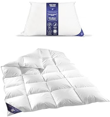 2 TLG. Set Daunendecke und Daunen Kissen | Bettdecke 135x200 cm 1600gr | Daunen Kissen 1380gr | 100% Baumwolle | Daunenbettdecke 135x200 cm | kein Lebendrupf | Winterdecke | weiß