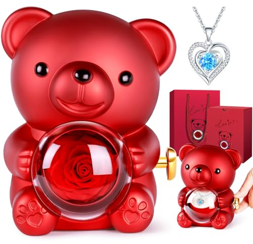 Aloskart Oso con Rosa Eterna y Collar,Oso Rosa Preservada para Novia,Mujer | Rojo Oso con Rosa Caja de Regalo con Collar Diamante Azul,Originales Oso con Flor Eterna para Cumpleaños,Regalo,Mamá,Navidad